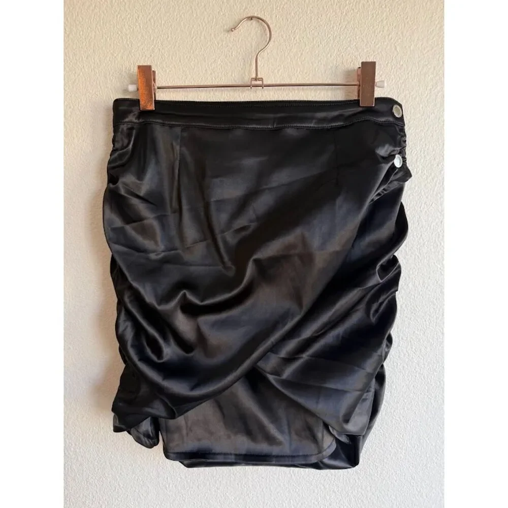 Maniere De Voir Black Satin Ruched Wrap Mini Skirt in Black & Silver size 6 UK10